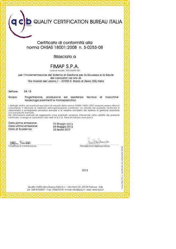 Сертификат OHSAS Fimap